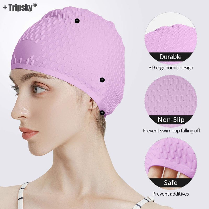 Tripsky Silicone Swim Cap,Comfortable Bathing Cap Ideal for Curly Short Medium Long Hair, Swimming Cap for Women and Men, Shower Caps Keep Hairstyle Unchanged (Purple) - Image 2